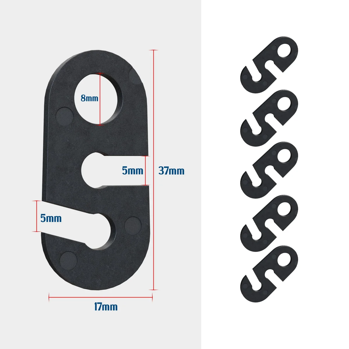 Black plastic strain relief hook with two holes, S shape design, 37mm length, for cable tension relief and secure support
