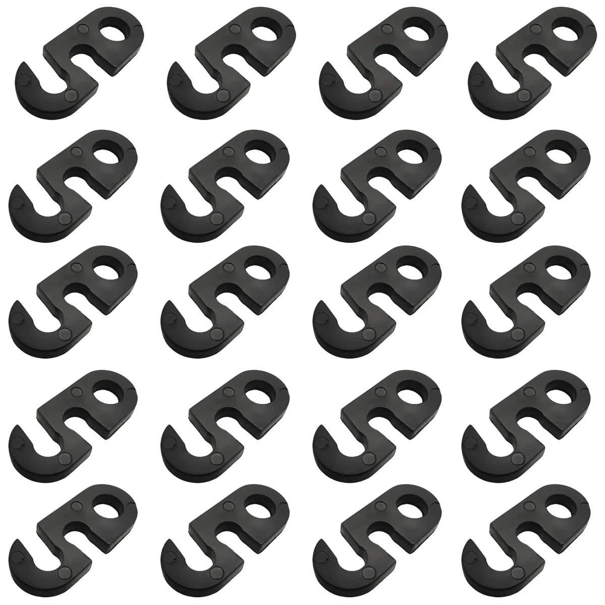 Black plastic S shape cable strain relief hook with two holes, 37mm long, designed for secure overhead cable support