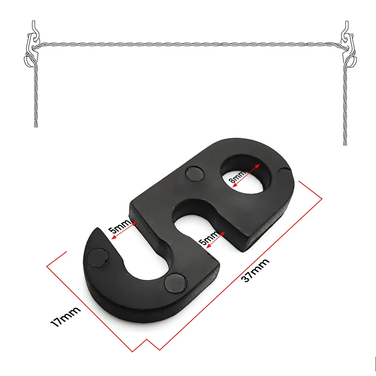 Black plastic outdoor cable hook with S shape, two holes, designed for strain relief on overhead cables