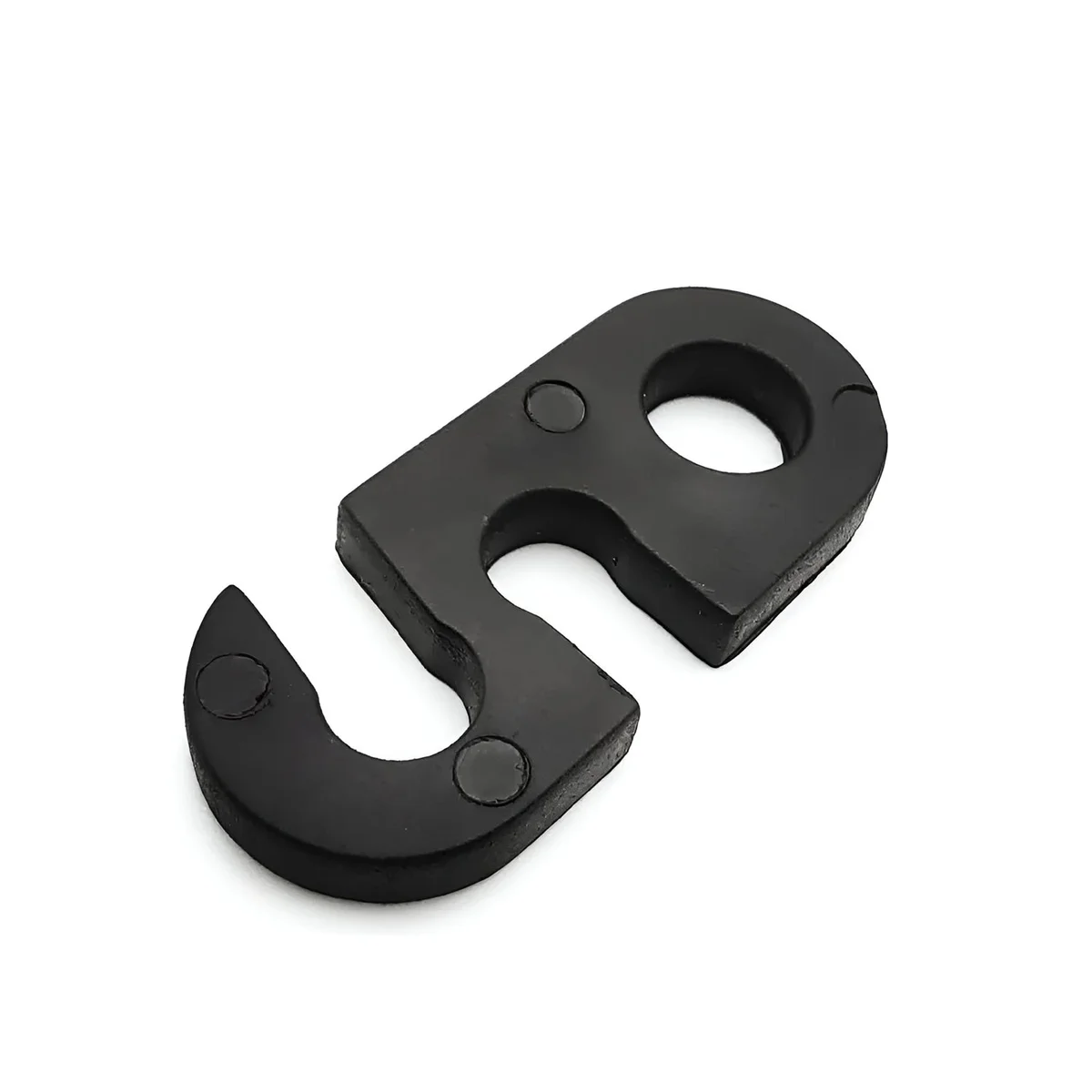 Black UV resistant cable hook made of durable plastic with two holes, shown against a white background, 37mm long