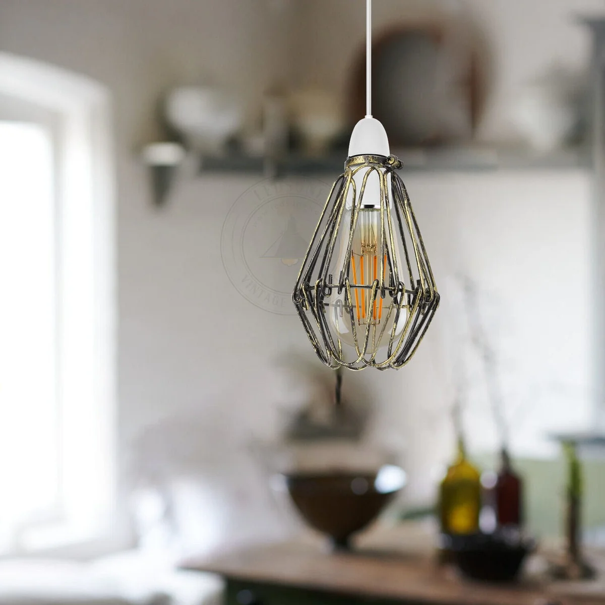 Red vintage metal cage lampshade with industrial wire design, suitable for pendant light fixtures in modern interiors