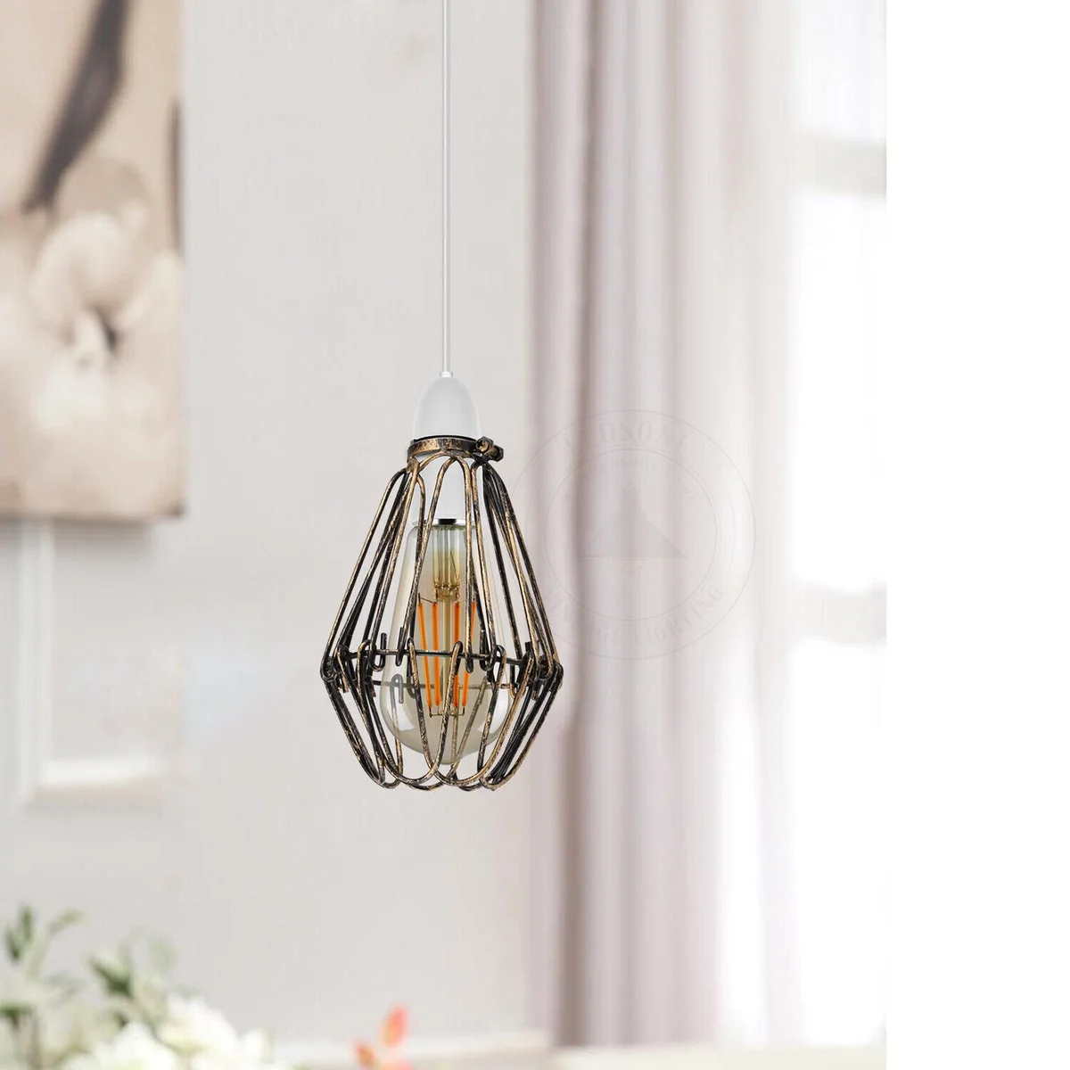 Set of red, black, and brass vintage metal urban style cage light lampshades in industrial wire design