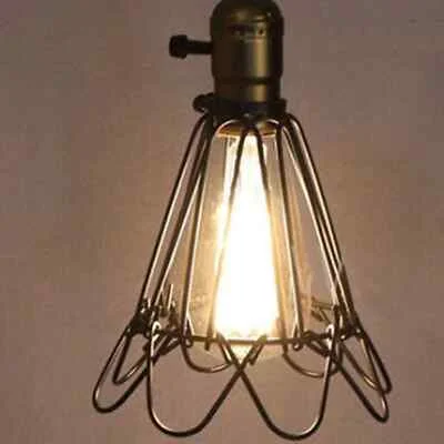 Red vintage metal cage industrial wire pendant light lampshade with adjustable screw and brushed finish details
