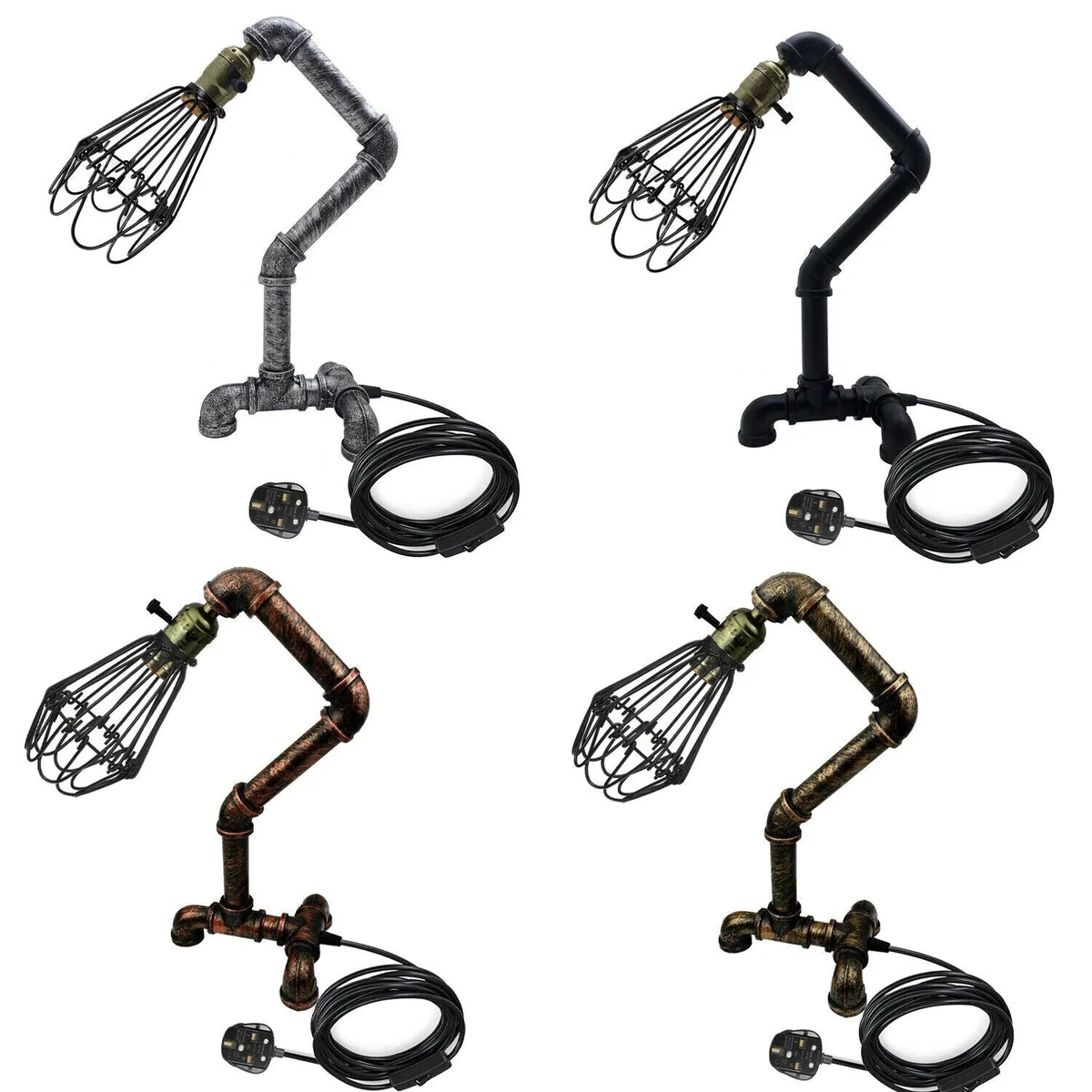 Steampunk retro desk lamp with water pipe design and metal cage in brushed copper finish on wooden surface