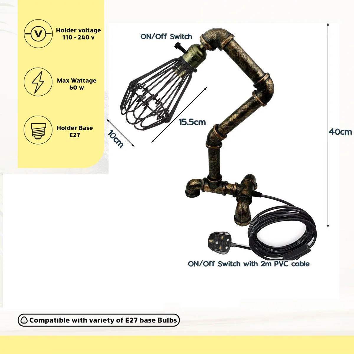 Steampunk water pipe desk lamp with cage design in brushed copper, showcasing retro plugin lighting style on wooden table