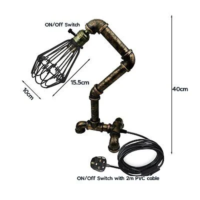 Steampunk water pipe desk lamp in rustic red with metal cage and vintage style E27 bulb lamp on wooden surface