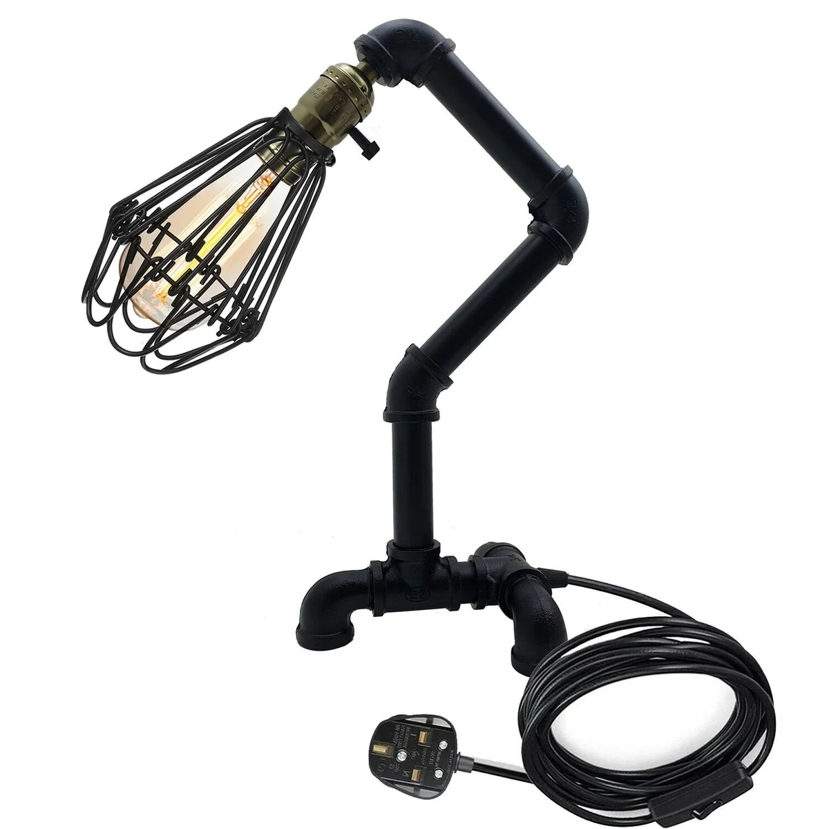 Handcrafted iron lamp with steampunk water pipe design in brushed copper, retro style desk lamp with cage shade