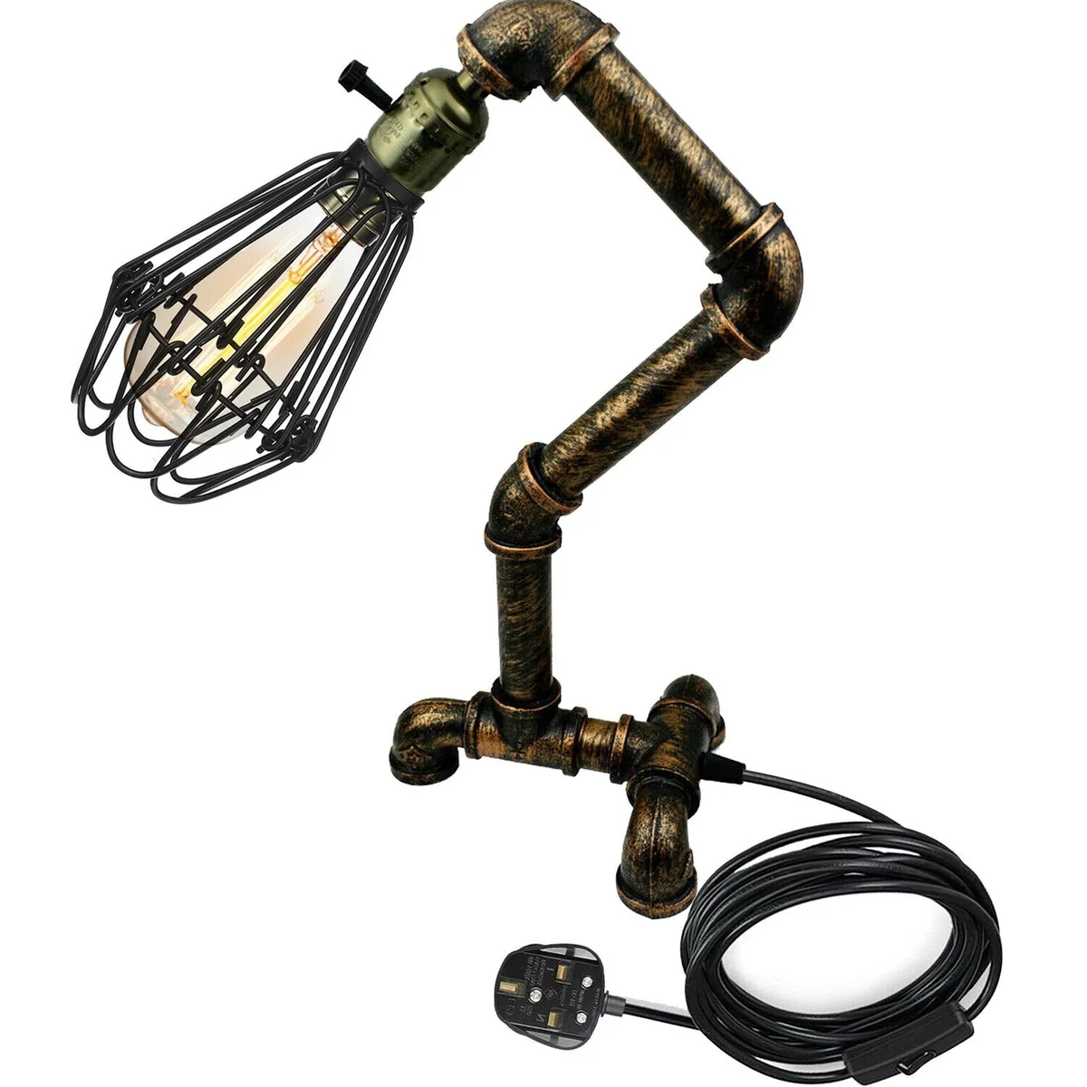 Steampunk table lamp with retro water pipe design, hand-crafted iron cage in brushed copper finish on wooden desk