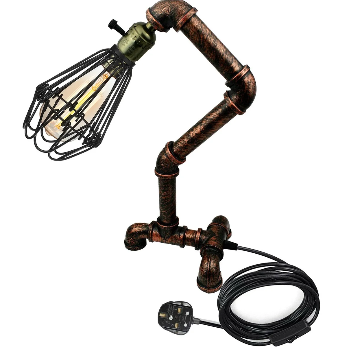 Steampunk table lamp with retro water pipe design, hand-crafted iron cage in brushed copper finish on wooden desk
