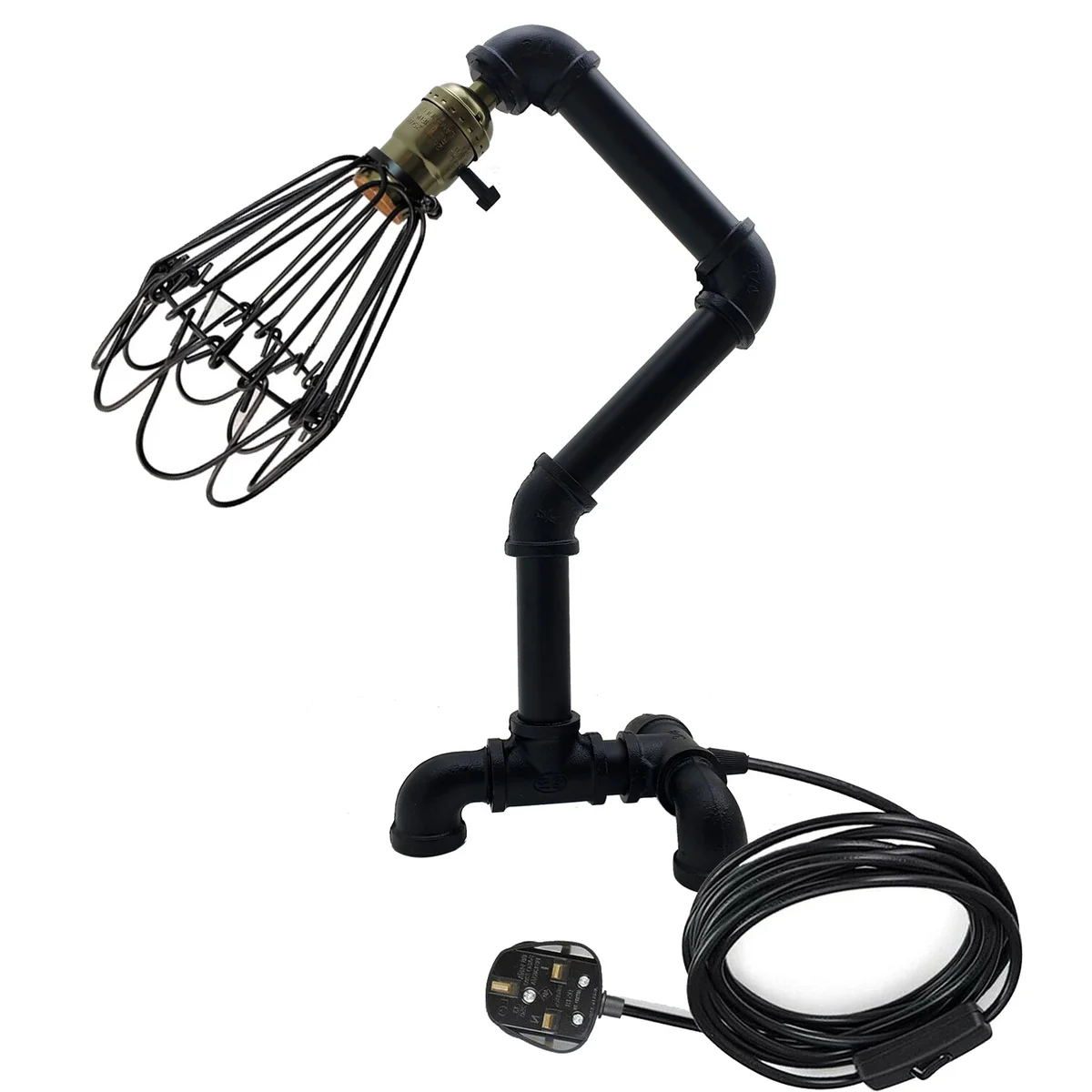 Steampunk table lamp with retro iron cage design in brushed copper, showcasing industrial vintage style lighting fixture