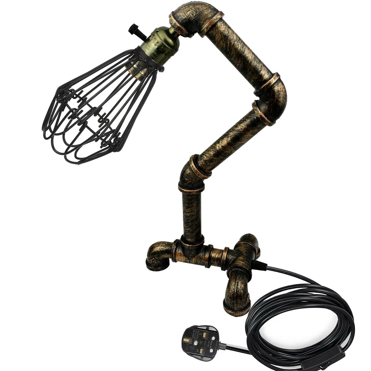 Steampunk table lamp with hand-crafted iron cage in rustic red finish, featuring vintage Edison bulb and industrial design