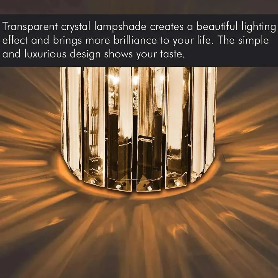 Modern ceiling light with brass finish, clear glass, and round crystal design, suitable for dimmable LED bulbs.