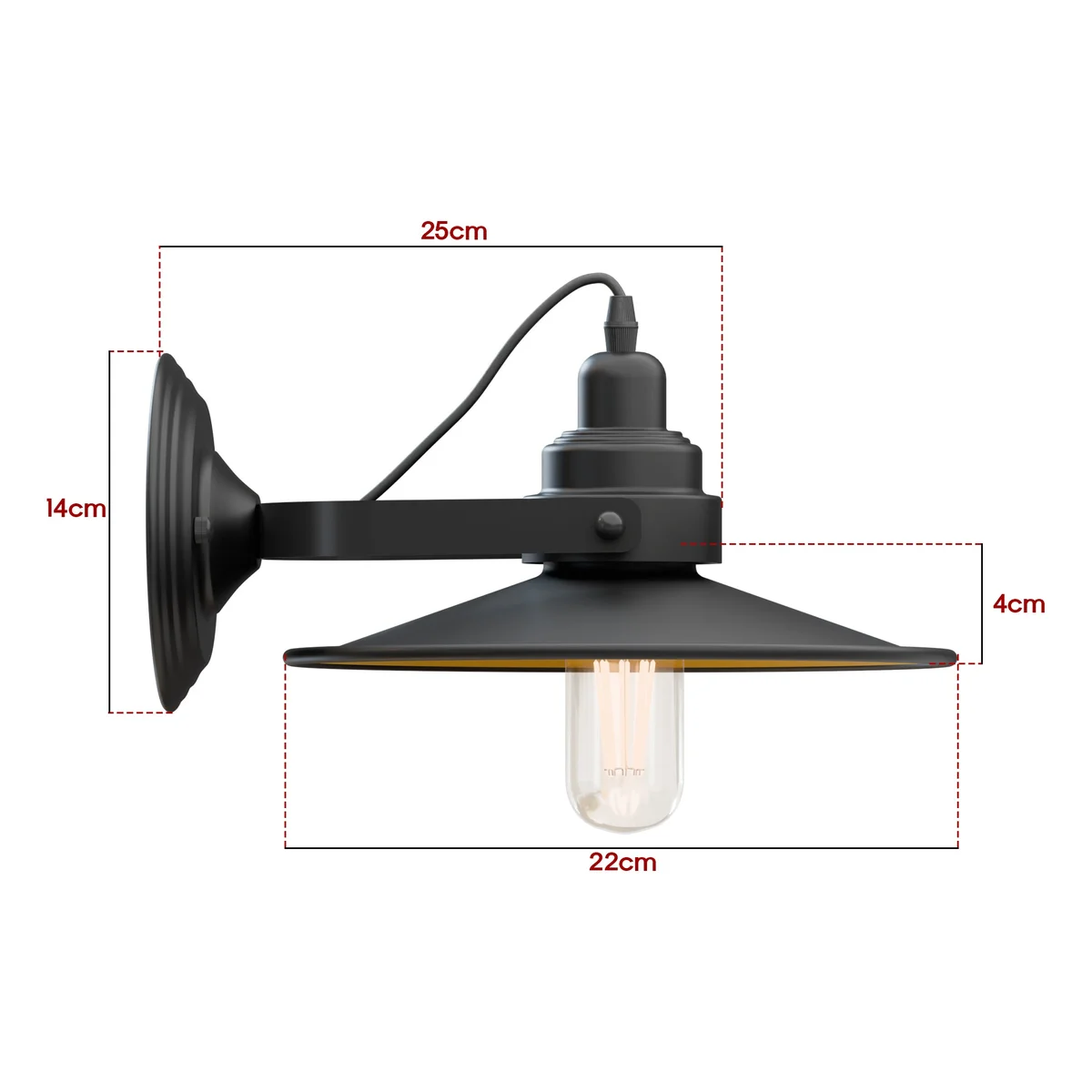 Industrial swing wall light with adjustable flat metal shade and sleek arm mounted on white wall