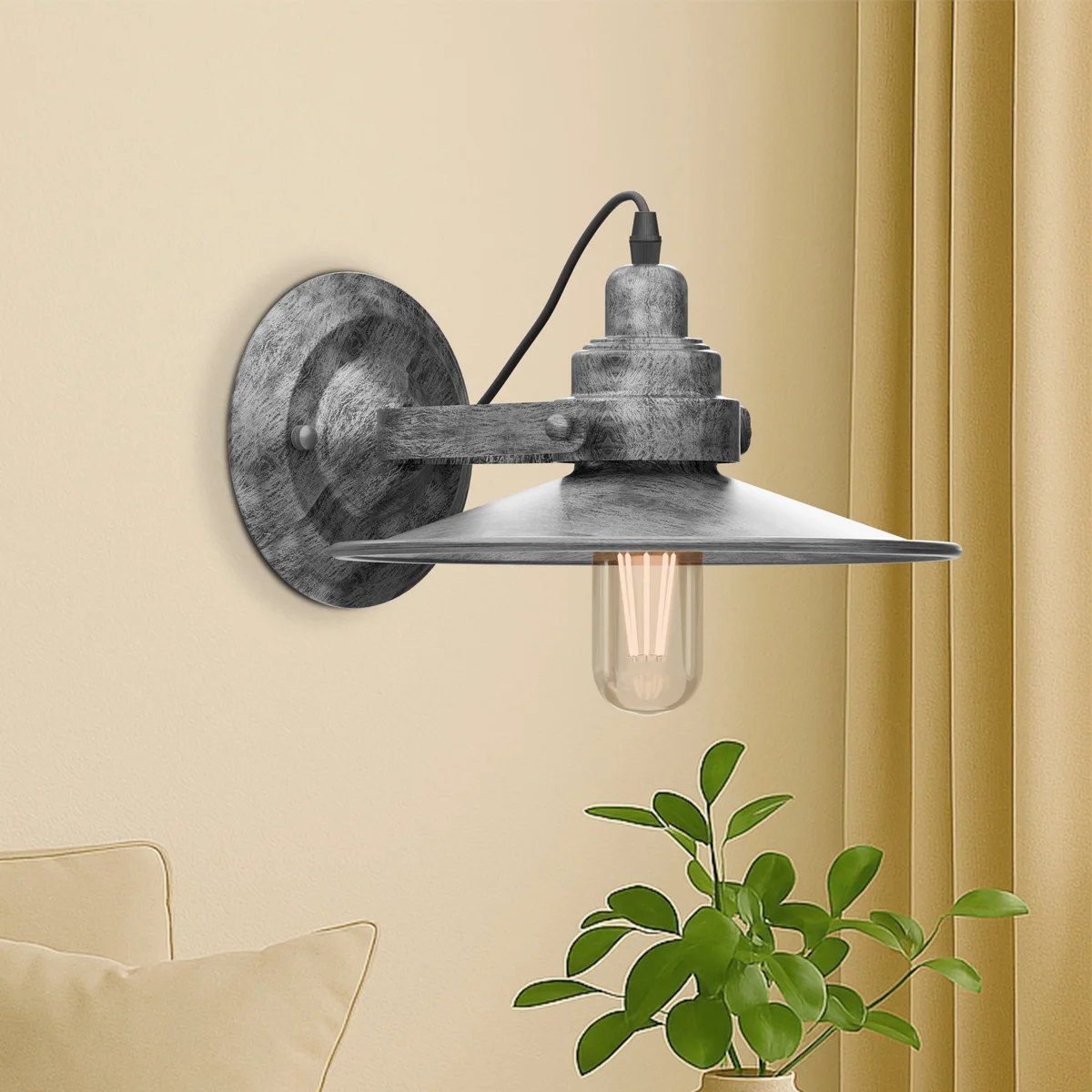 Wall mounted dimmable flat shade light with adjustable swing arm and sleek metal design in industrial style