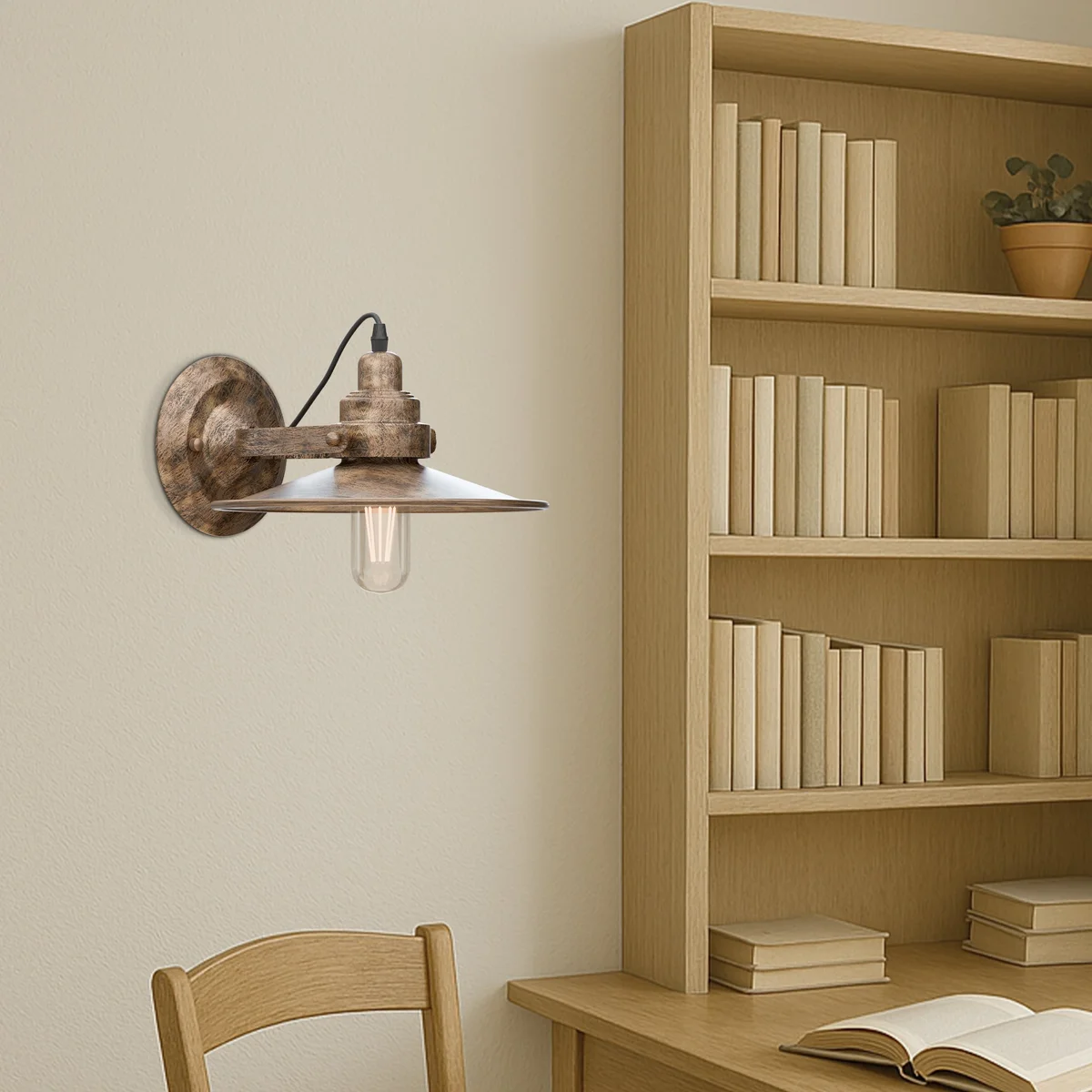 Indoor adjustable wall light with flat metal shade and swing arm mounted on a white wall, modern industrial style