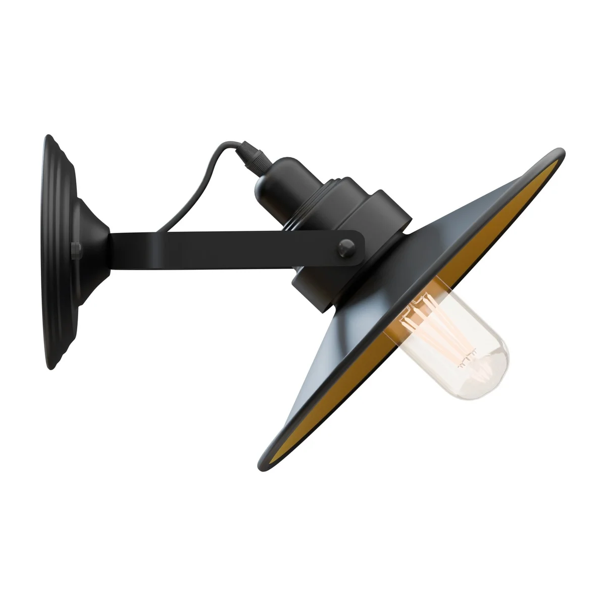 Adjustable swing arm wall light with flat metal shade mounted on wall, showing sleek industrial design and adjustable arm mechanism