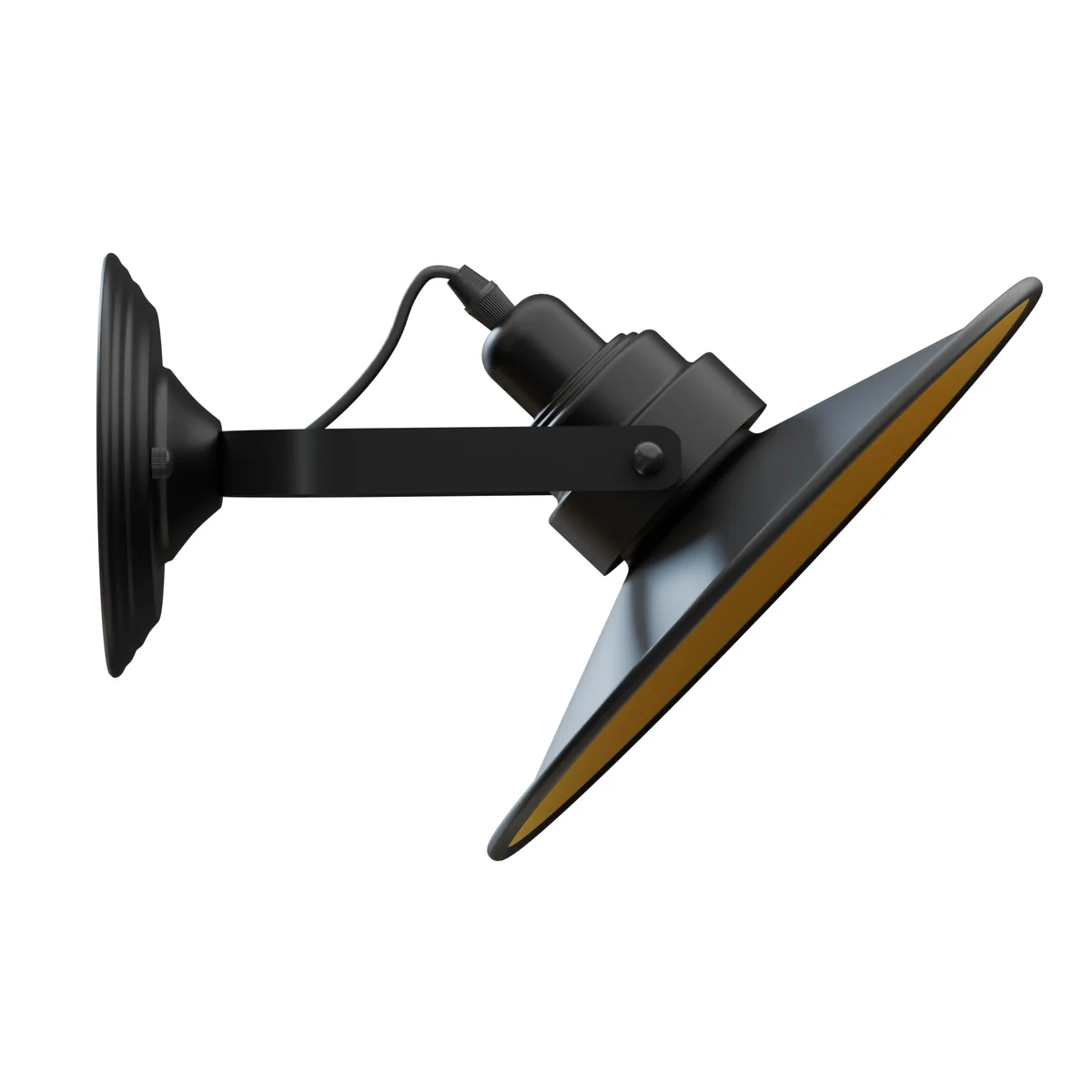 Adjustable swing arm wall light with flat metal shade mounted on a wall, showing sleek industrial design and adjustable arm
