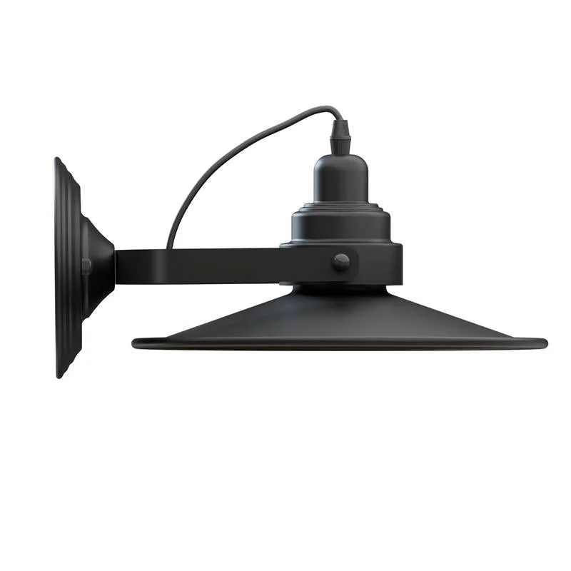 Adjustable swing arm wall light with flat metal shade mounted on a wall, showing sleek industrial design and adjustable arm