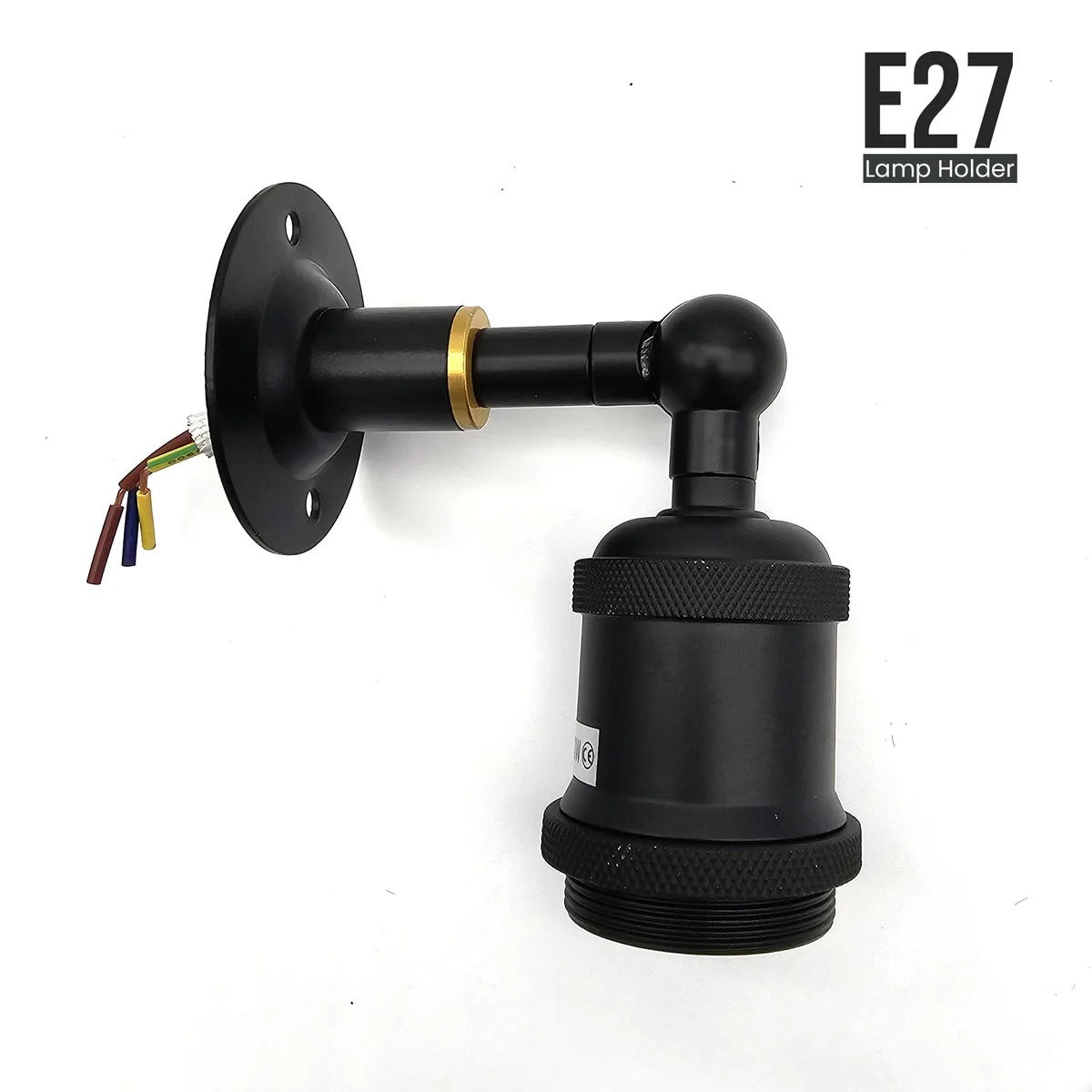 Metal E27 wall lamp holder with adjustable arm and swivel head, designed for conduit wall mounting with 20mm entry port