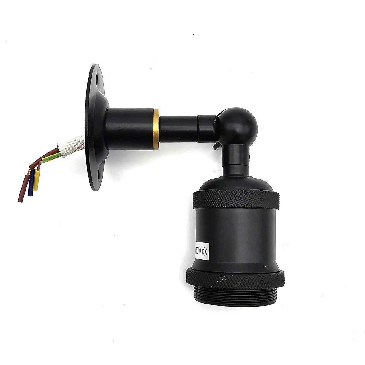 Metal conduit lamp holder with adjustable arm and swivel head for E27 bulb, wall-mounted with 20mm cable entry port