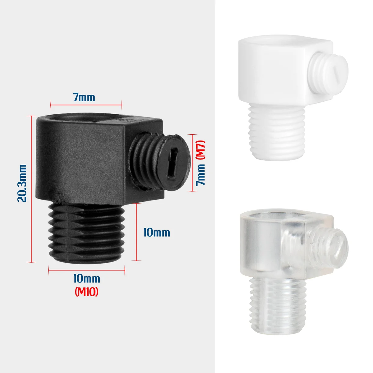 Pack of 5 M10 cord grip adapters, L-shape PVC caps with locking screw for strain relief and cable protection in lighting fixtures