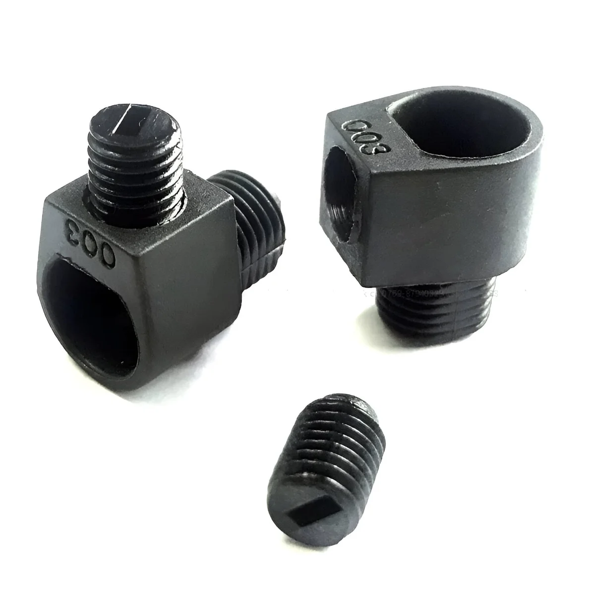 Five M10 L-shape PVC cord grip caps with locking strain relief screws, showing 90-degree elbow design and threading details