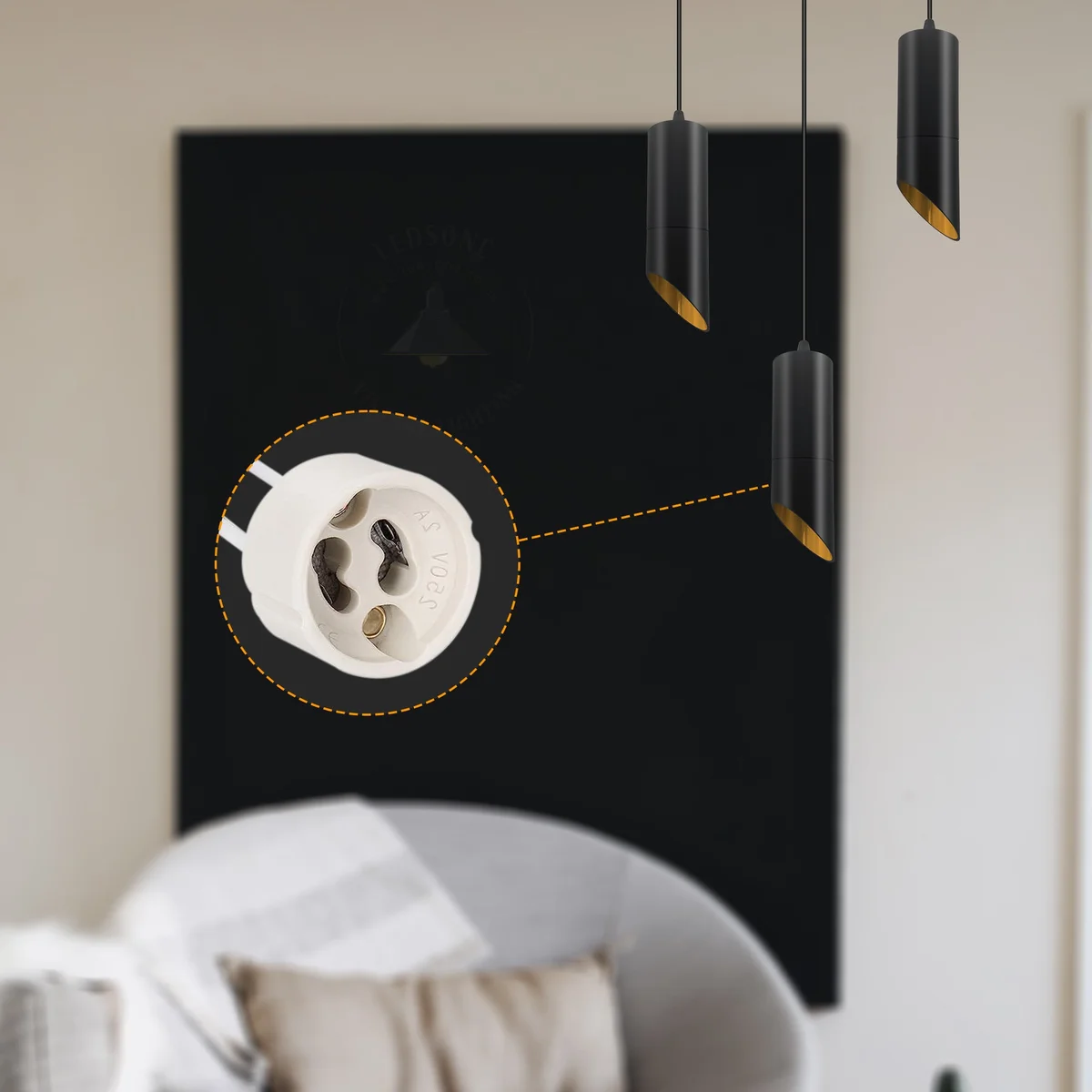Ceramic indoor lamp holder with GU10 base socket connector and fabric cable for hardwired downlight fitting installation