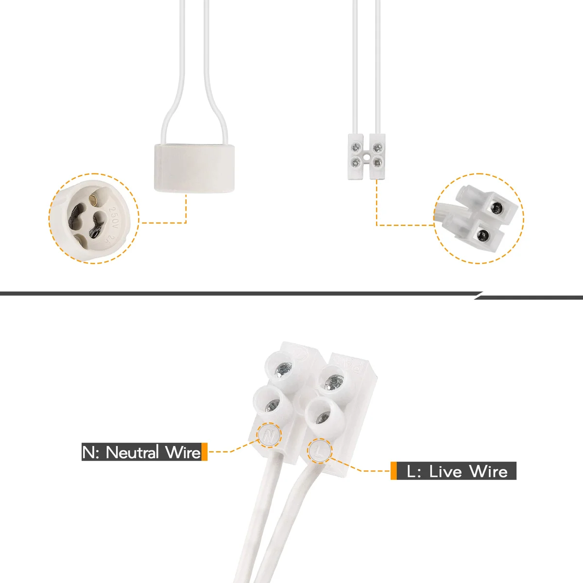 Ceramic hardwired lamp socket with fabric cable and GU10 base holder for indoor vintage downlight fitting installation
