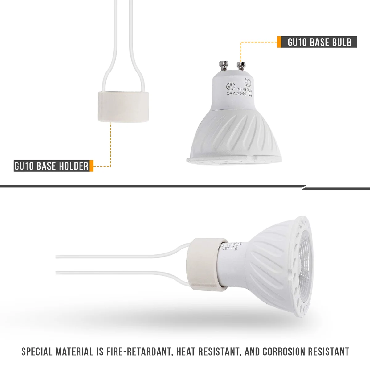 GU10 lamp holder ceramic base with fabric cable and metal connector for indoor downlight fitting installation