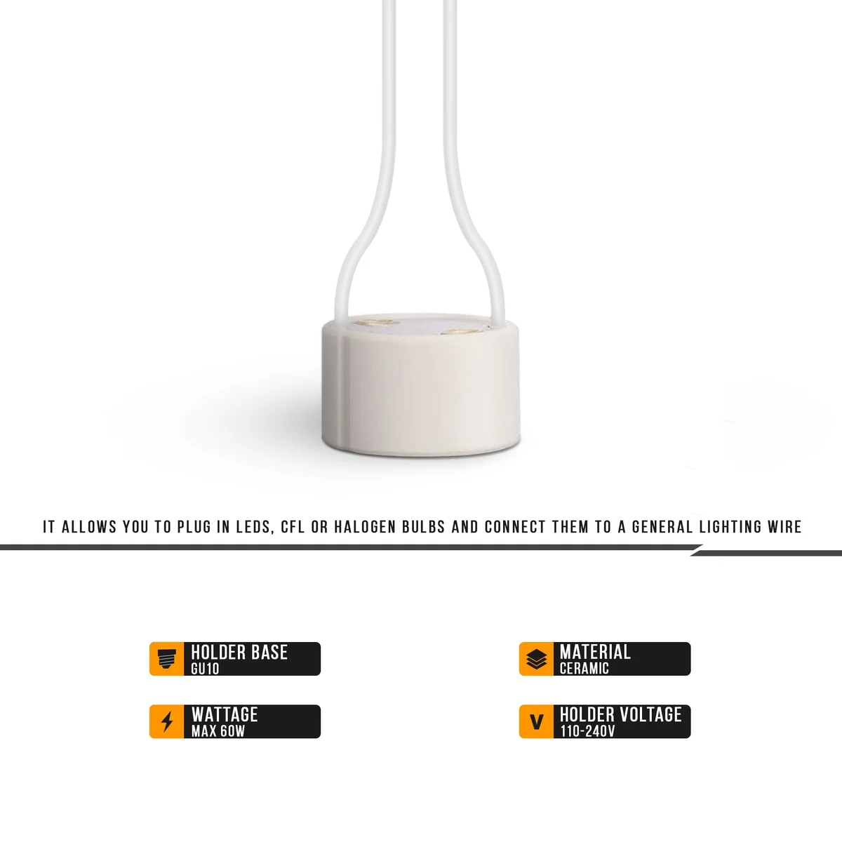 Ceramic GU10 lamp holder base socket connector with fabric cable for indoor downlight fitting, vintage style