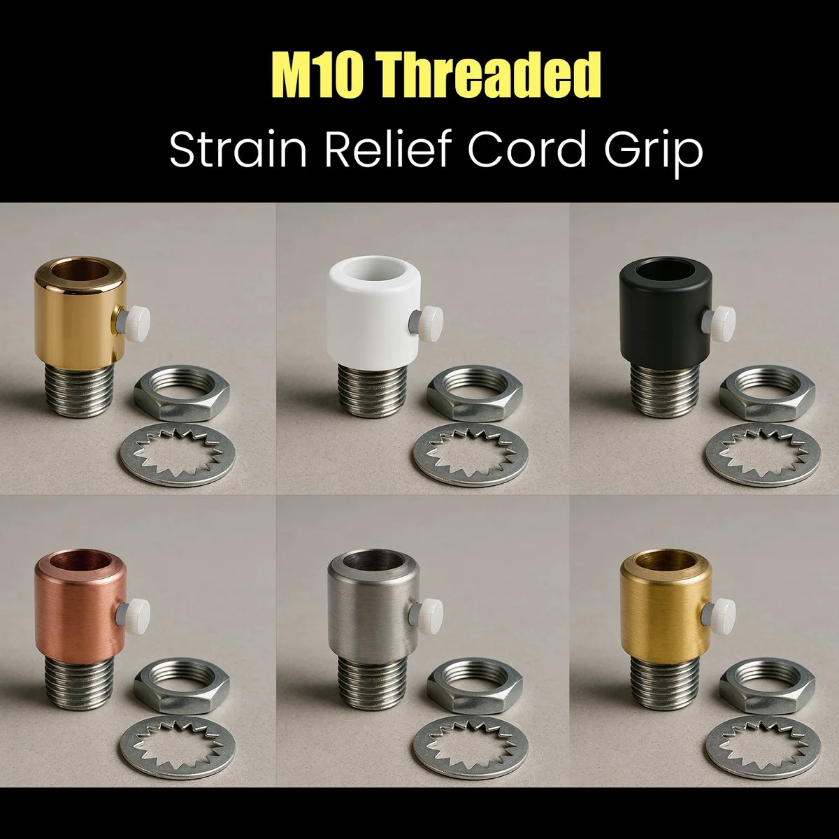 Five black metal cord grips with M10 threaded bases, side screws, and black finish, ready for mounting on pendant lights