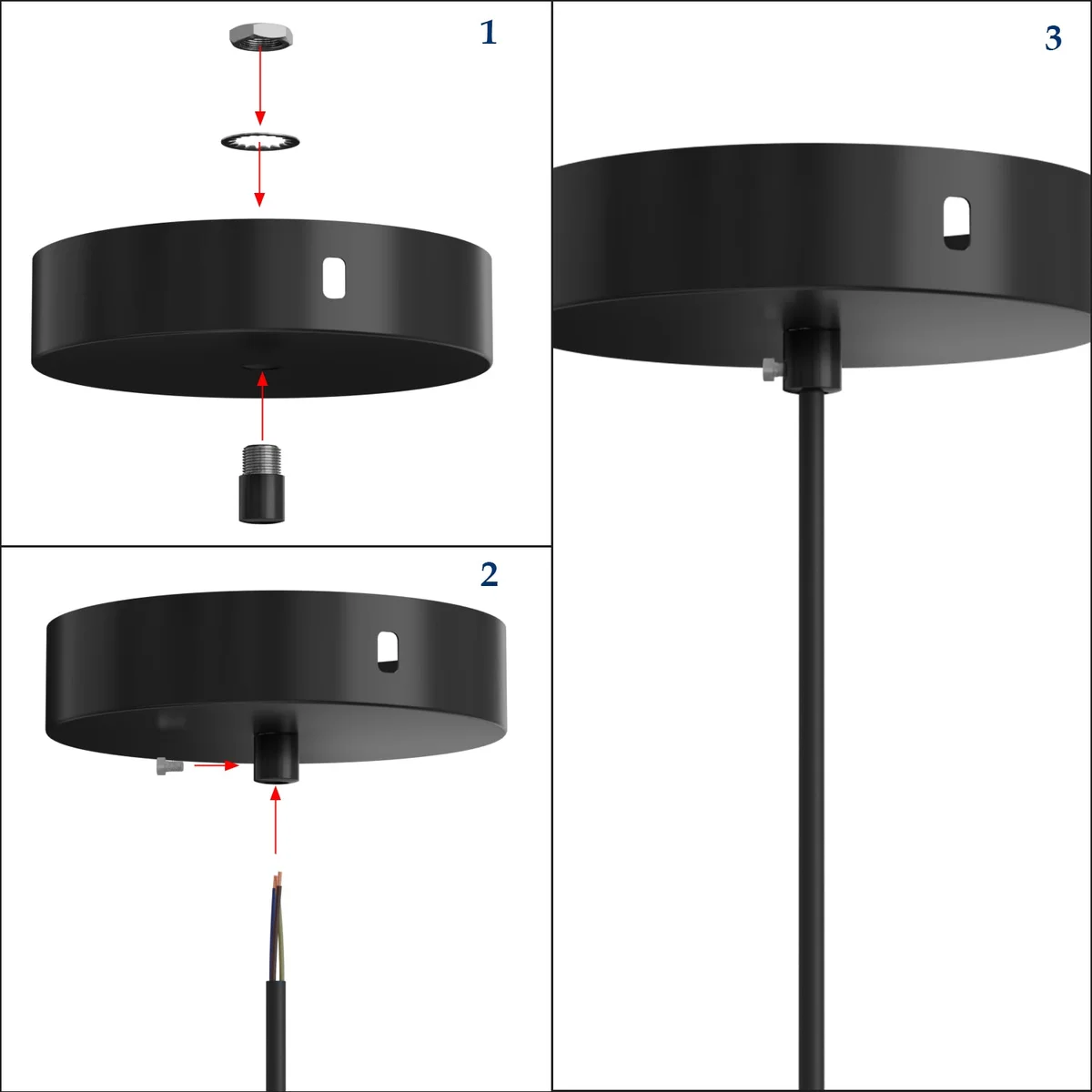 Five black metal M10 pendant light cord grip, each with lock nut and side screw, smooth finish for strain relief.