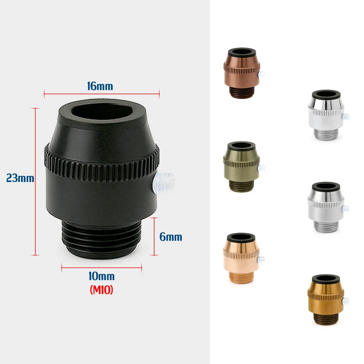 Five metal M10 cord grip nuts with ribbed surfaces for hand tightening, shown on a white background