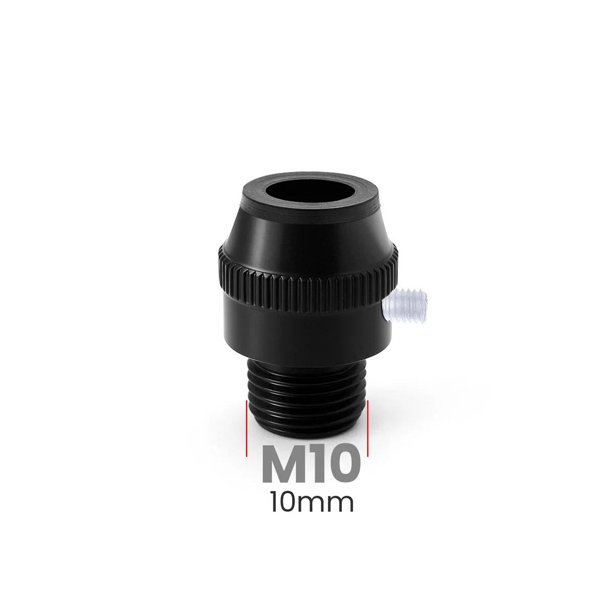 Five metal strain relief cable locks with M10 threads and ribbed grips arranged on a white background
