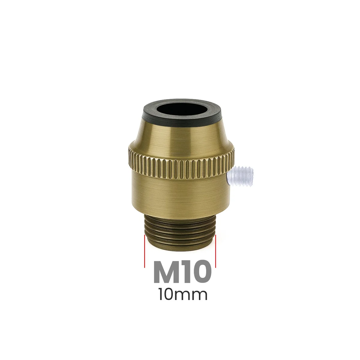 Five metal M10 threaded cable lock nuts with ribbed grip surfaces arranged on a white background