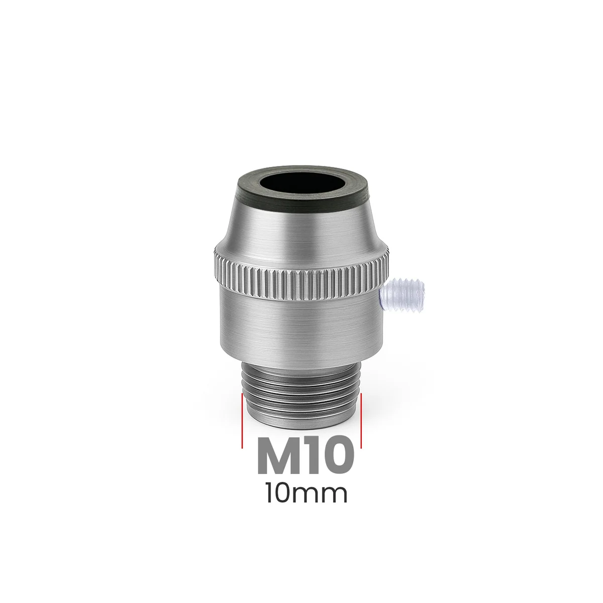 Five metal M10 cord grip nuts with ribbed surface and threaded base for cable strain relief in lighting applications