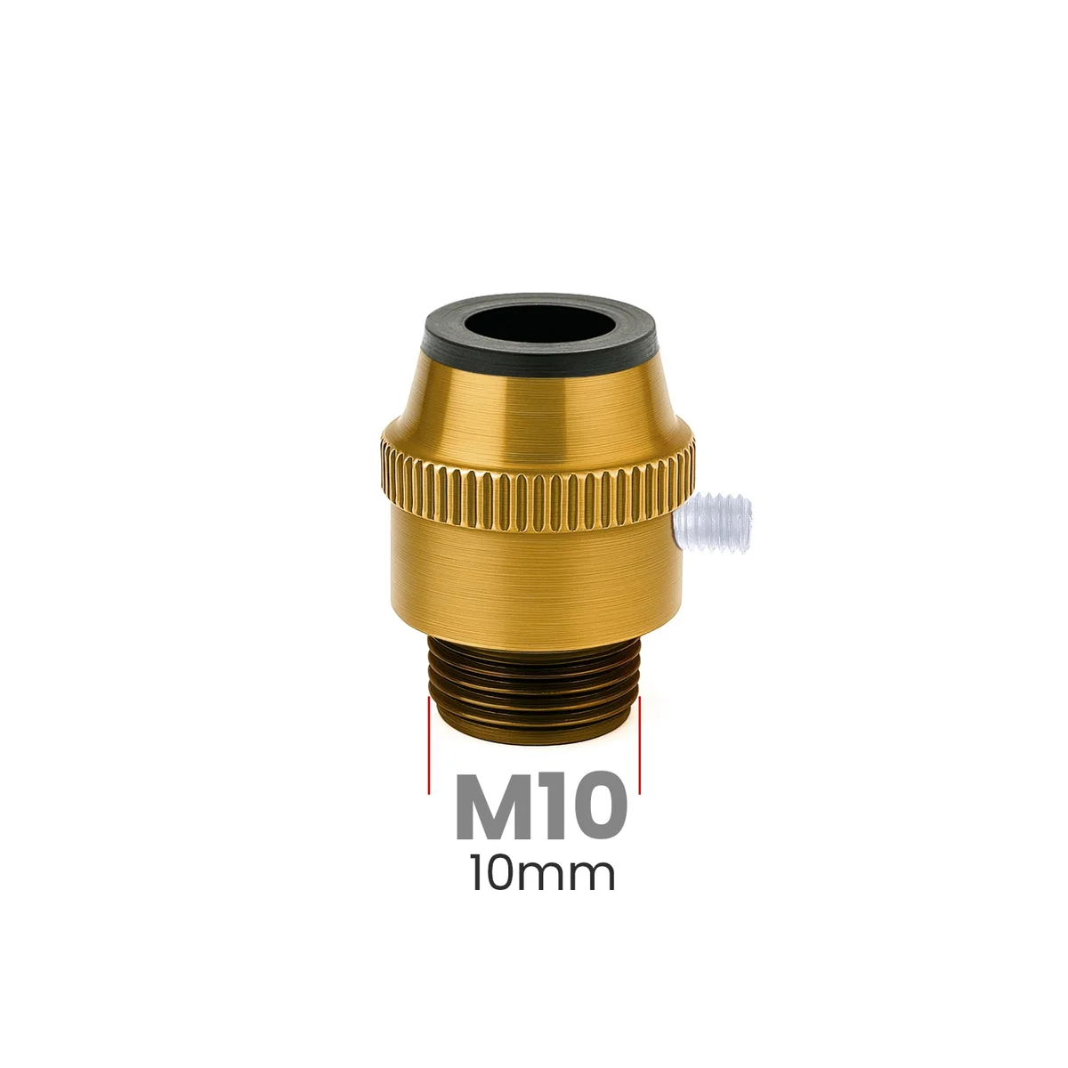Five metal M10 cord grip nuts with ribbed surfaces and threaded bases on a white background for cable strain relief