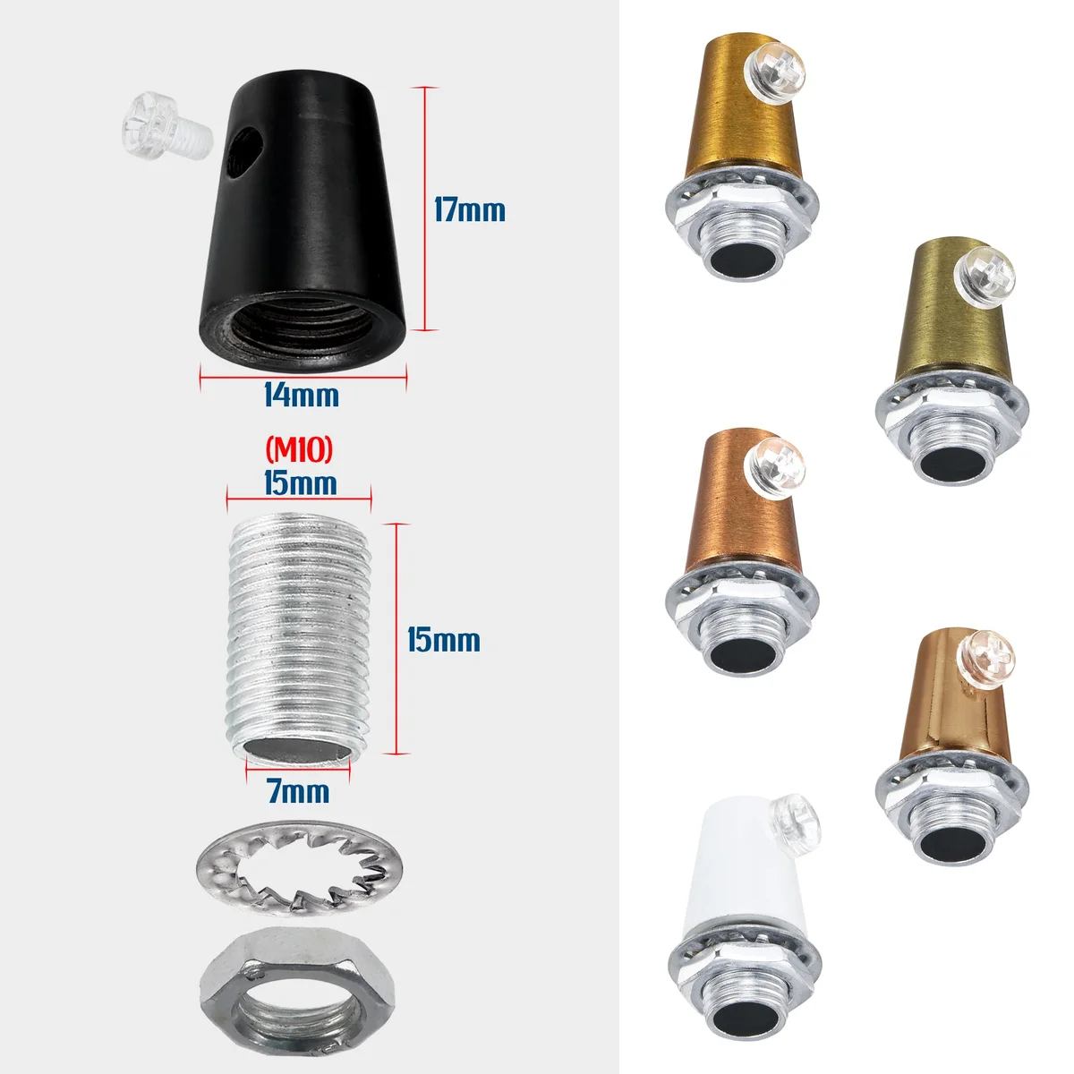 Five brass M10 cord grips with side screws arranged on a white background for lighting cable strain reliefs