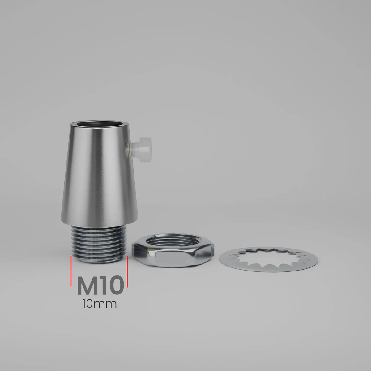 Five brass M10 lighting cable grips with side screws arranged on a white background, showing brushed metal finish