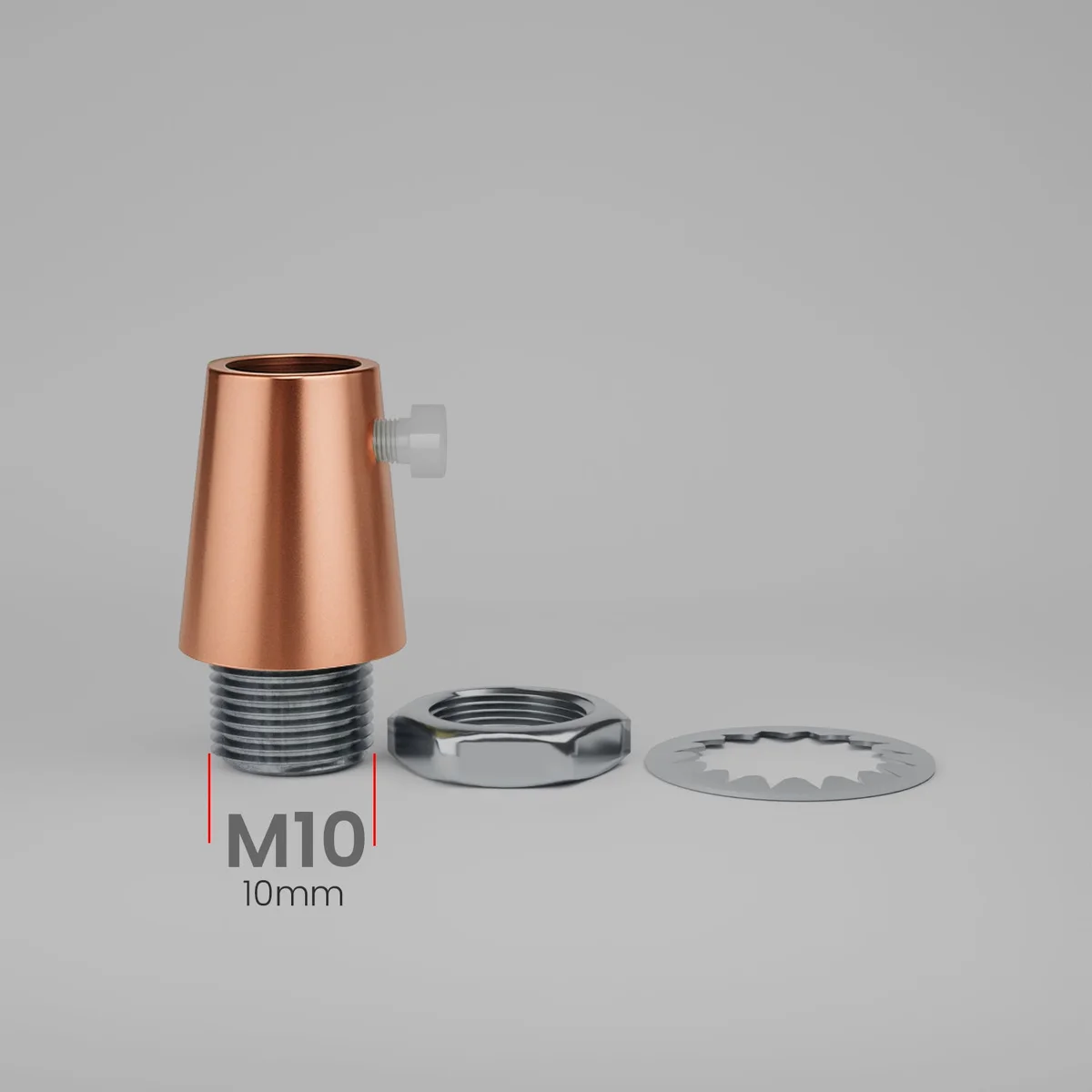 Five brass cord grips with M10 thread and side screws arranged on a white background for lighting cables