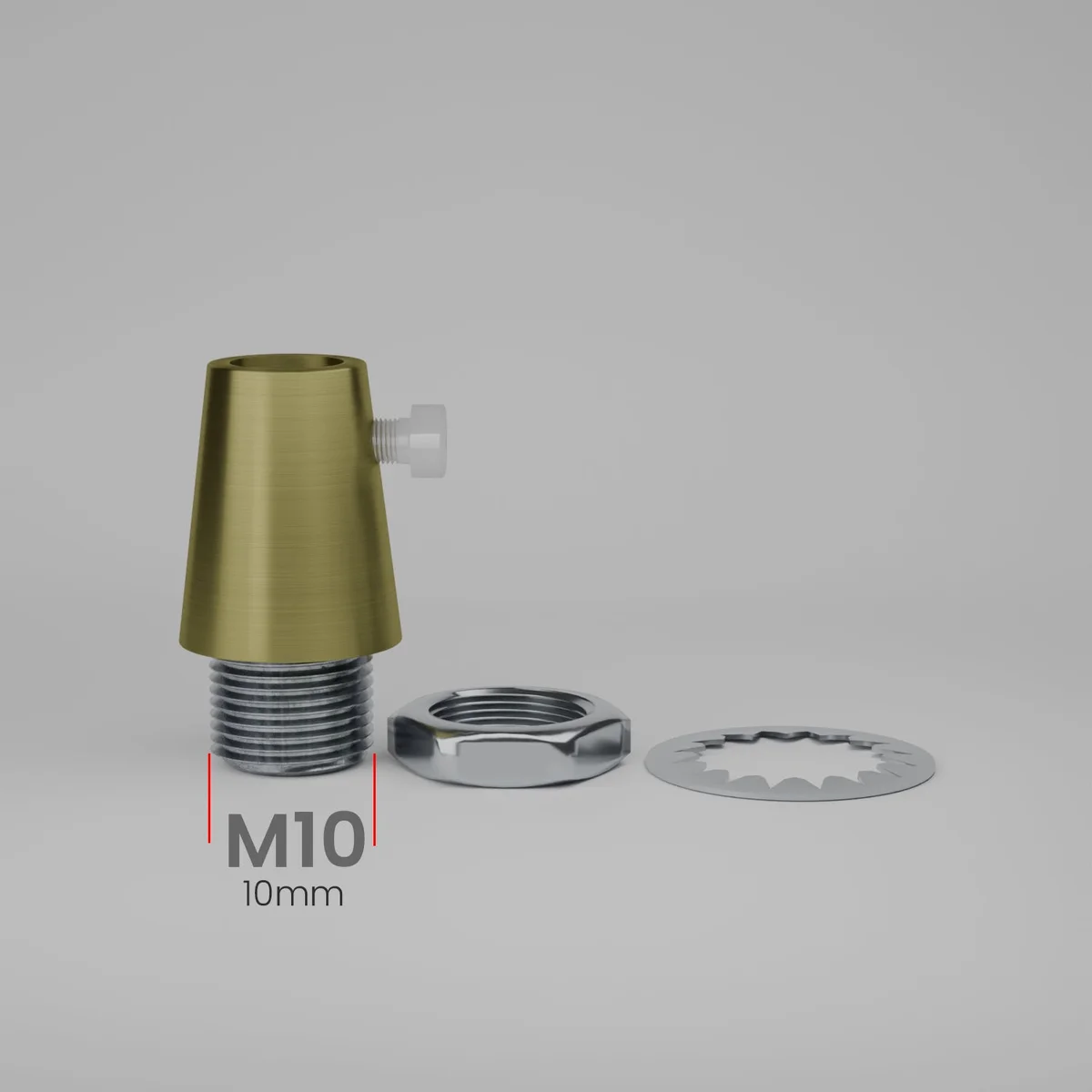 Five brass M10 strain relief cord grips with side screws, ideal pendant light accessories for secure cable clamping