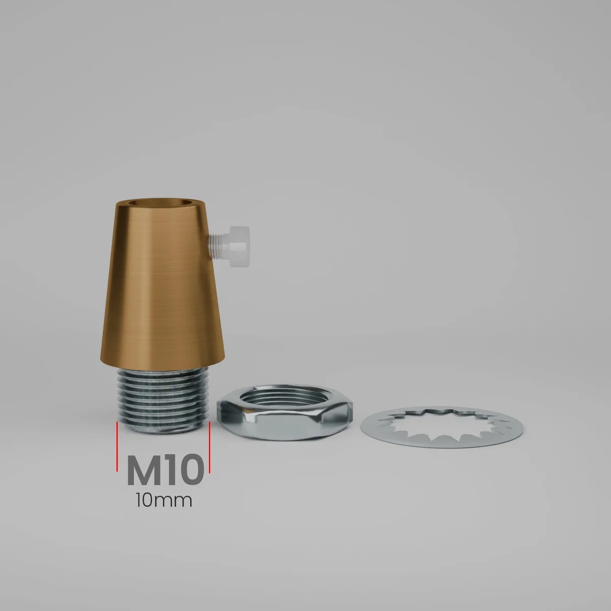 Five brass M10 cable clamps for lamps with side screws, shown on a white background in a neat arrangement