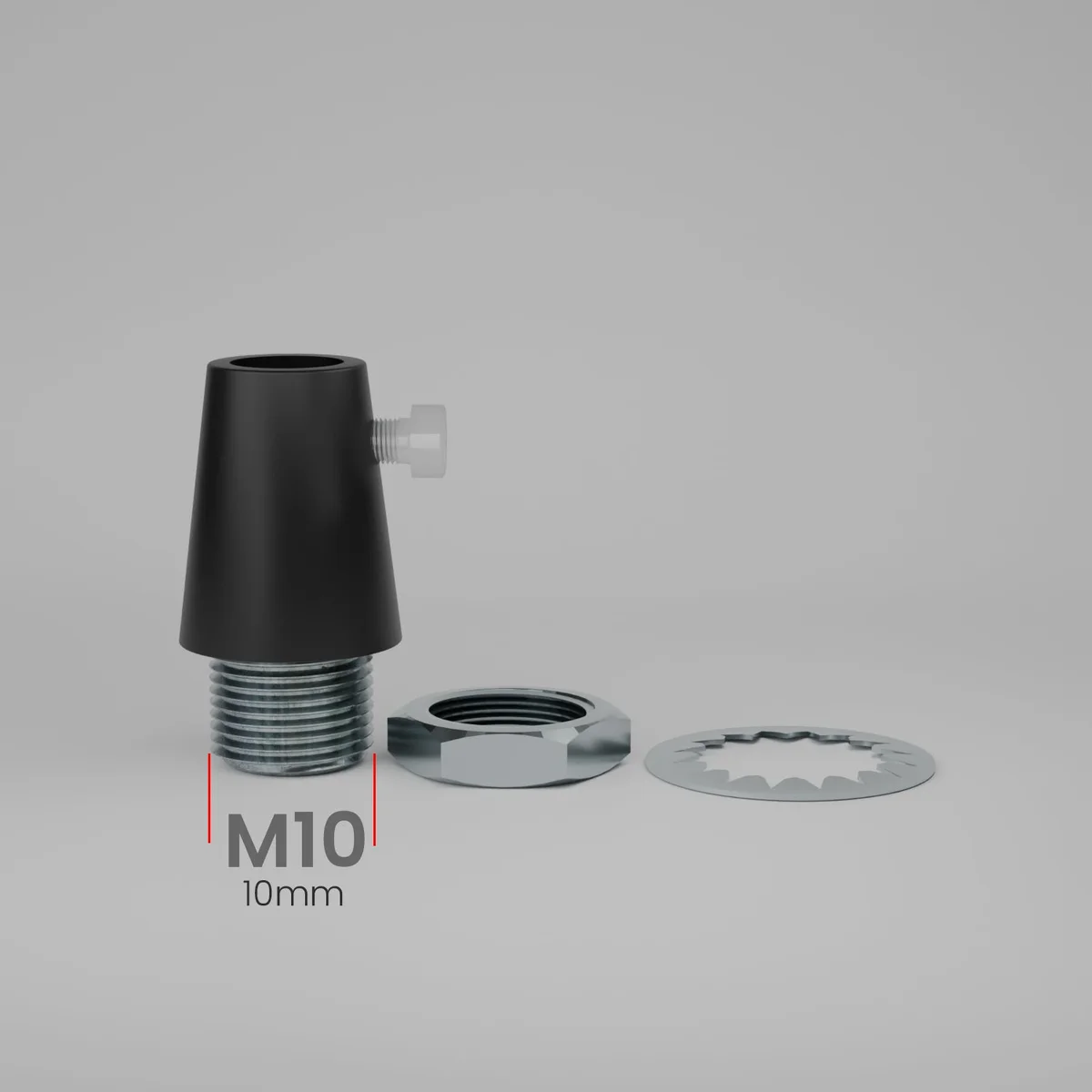 Five brass M10 cord grips with side screws arranged on a white background for lighting cable strain reliefs