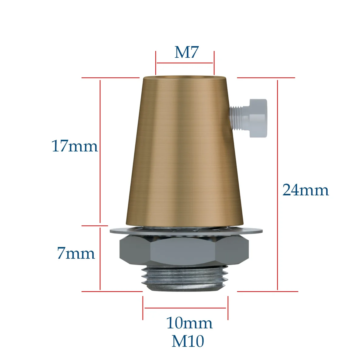Five brass M10 cord grips with side screws arranged on a white background for lighting cable support and strain relief