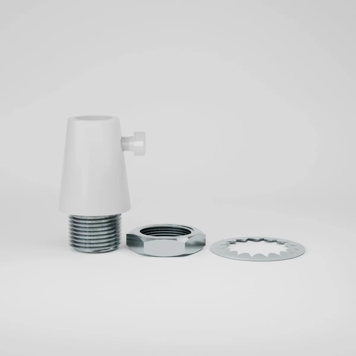 Five brass M10 cord grips with side screws arranged on a white background for lighting cable support and strain relief