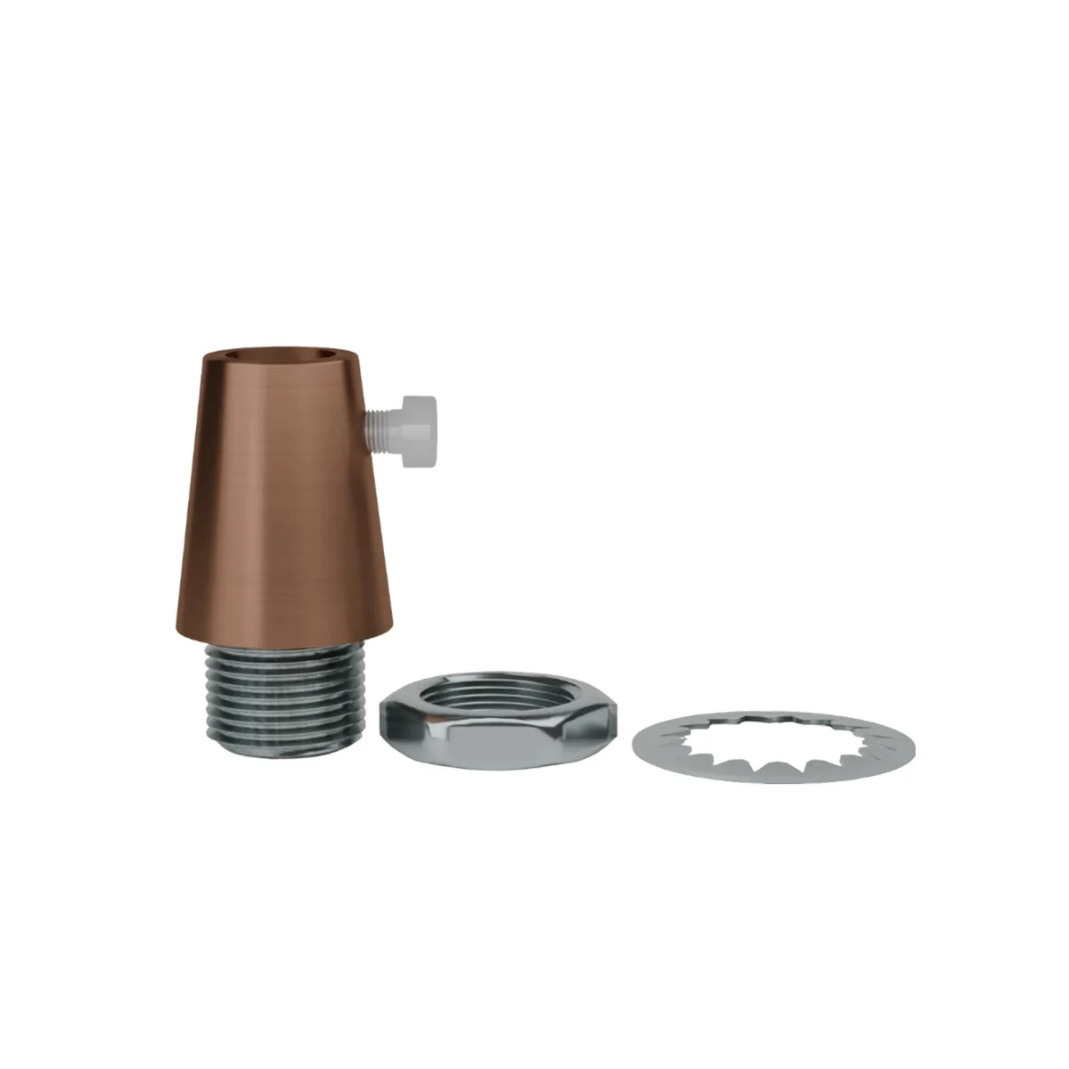 Five brass M10 cord grips with side screws arranged on a white background showing brushed metal finish