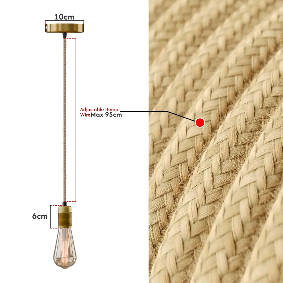 Vintage brass E27 bulb pendant holder with adjustable hemp cable and ceiling rose for indoor lighting installation