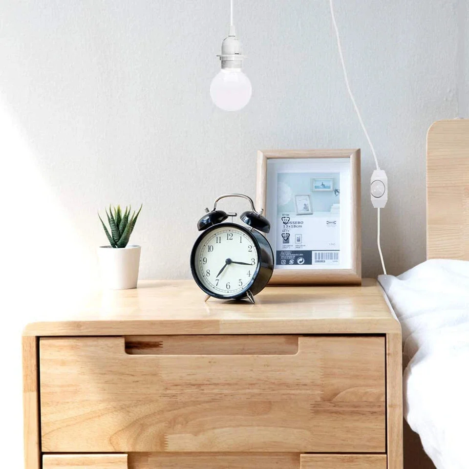 White 4m plug in pendant lamp with dimmer switch, E27 fitting, black and white cord, and UK 3-pin plug