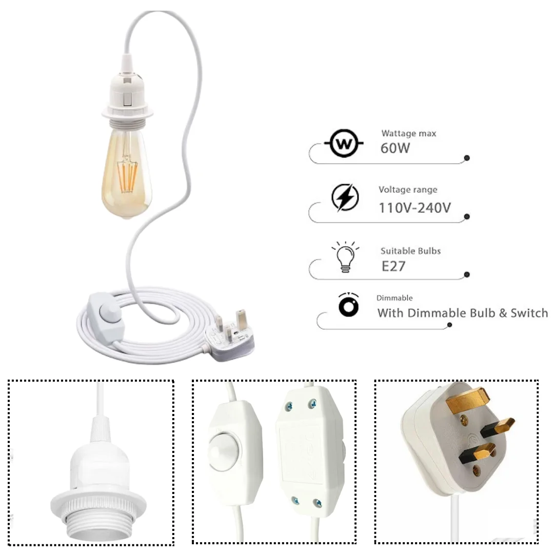White pendant light with 4m white cable, black 3-pin UK plug, dimmer switch, and E27 bulb holder
