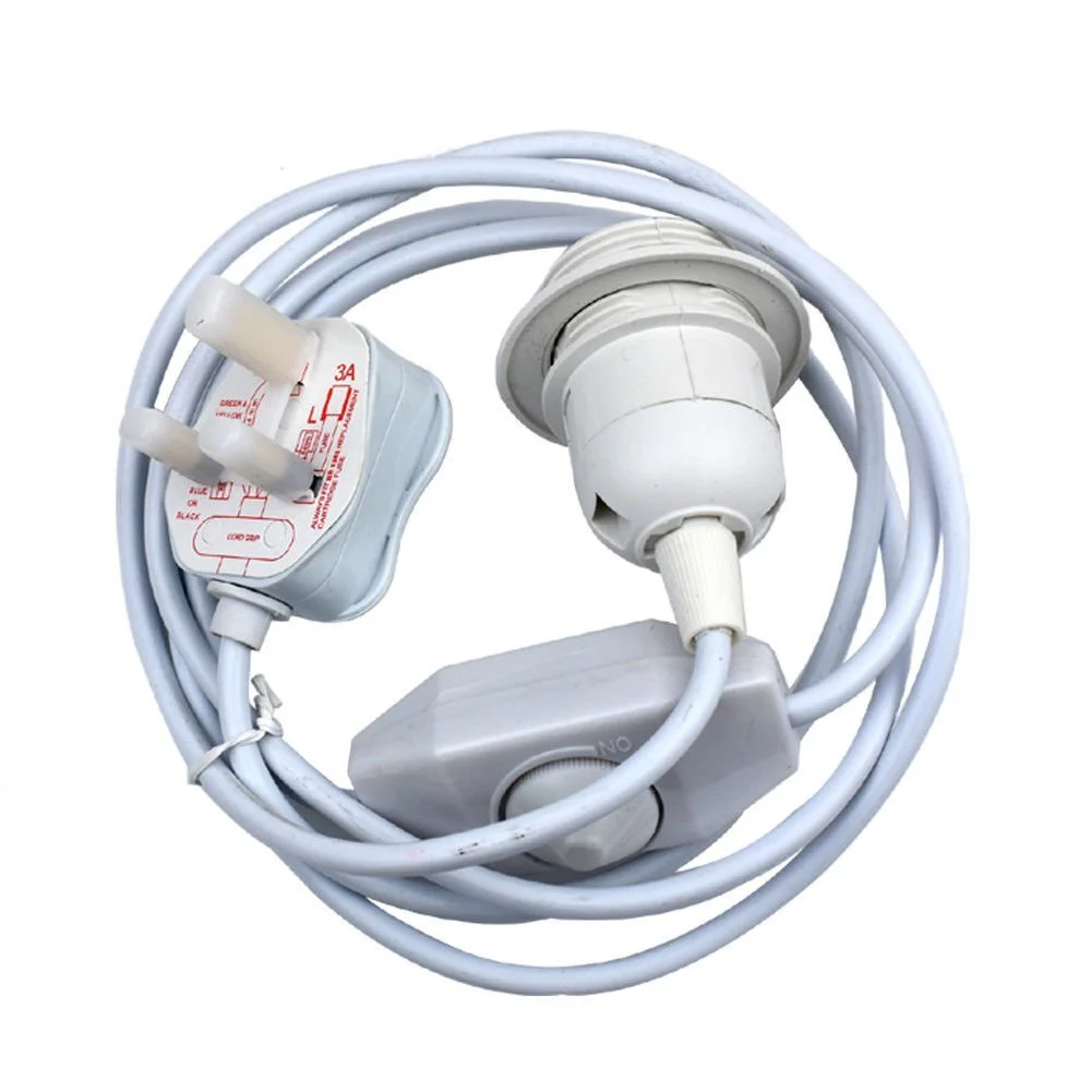 White 4m pendant light with black 3-pin UK plug, dimmer switch, and E27 fitting on flexible rubber cable